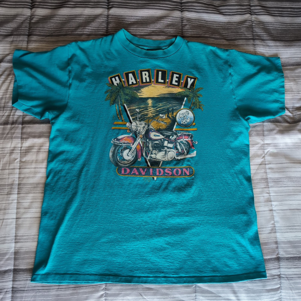 VTG 1990 Harley Davidson 3D Emblem T Shirt XL Single Stitch 90s Beach Blue USA